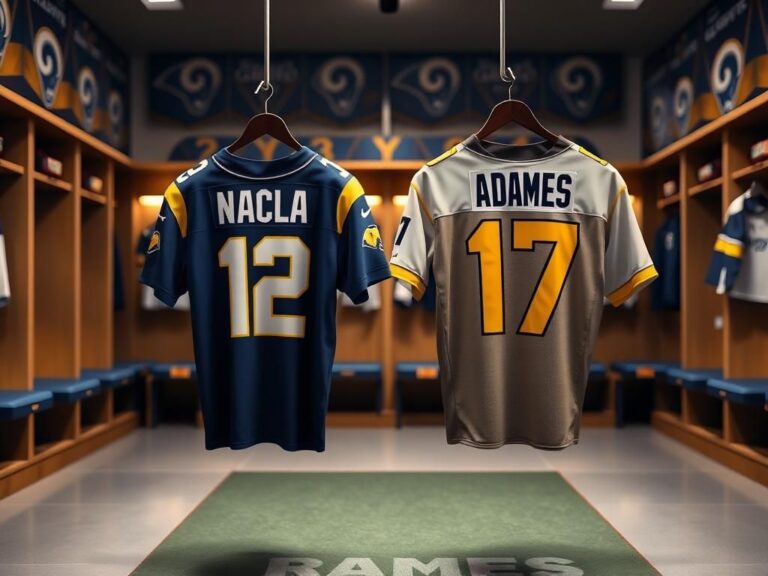 Flick International Two football jerseys side by side, one with the number 12 and the other with the number 17, showcasing Puka Nacua's new jersey and Davante Adams' signing with the Rams.