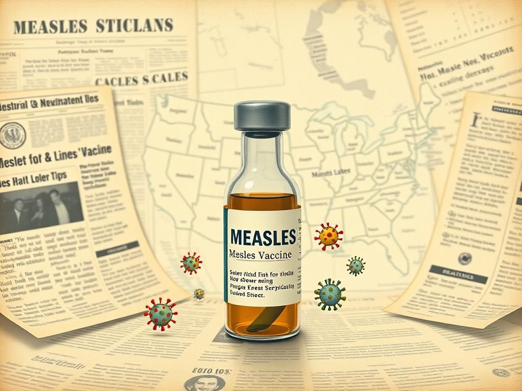 Flick International Vintage-style medical illustration of a historical measles vaccine vial with surrounding newspaper clippings and medical charts.