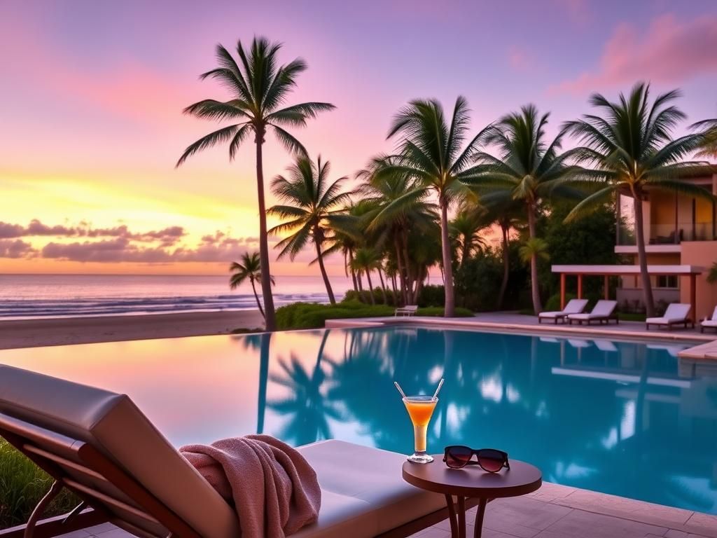 Flick International Upscale vacation resort in California with a luxurious infinity pool and palm trees at sunset