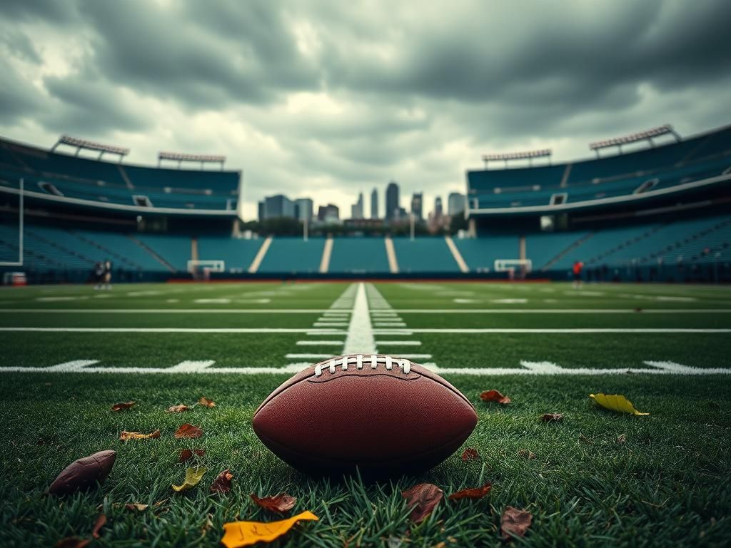 Flick International Close-up view of a Philadelphia Eagles football field, wet from rain, with a football surrounded by leaves.