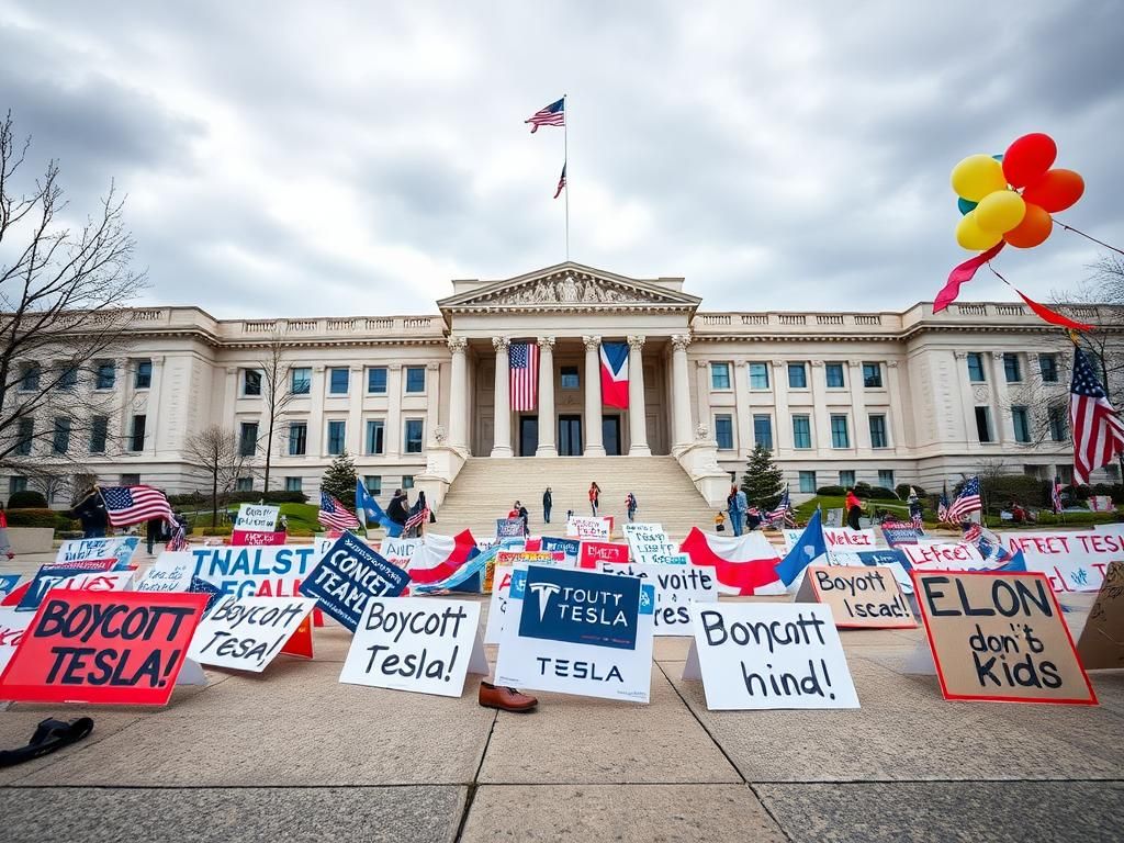 Flick International Protesters rallying with signs outside a government building