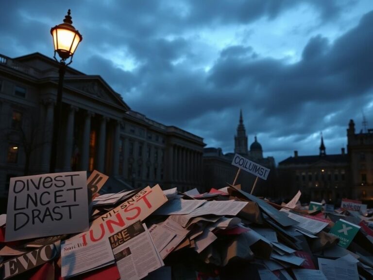 Flick International Dark urban landscape at Columbia University with protest signs