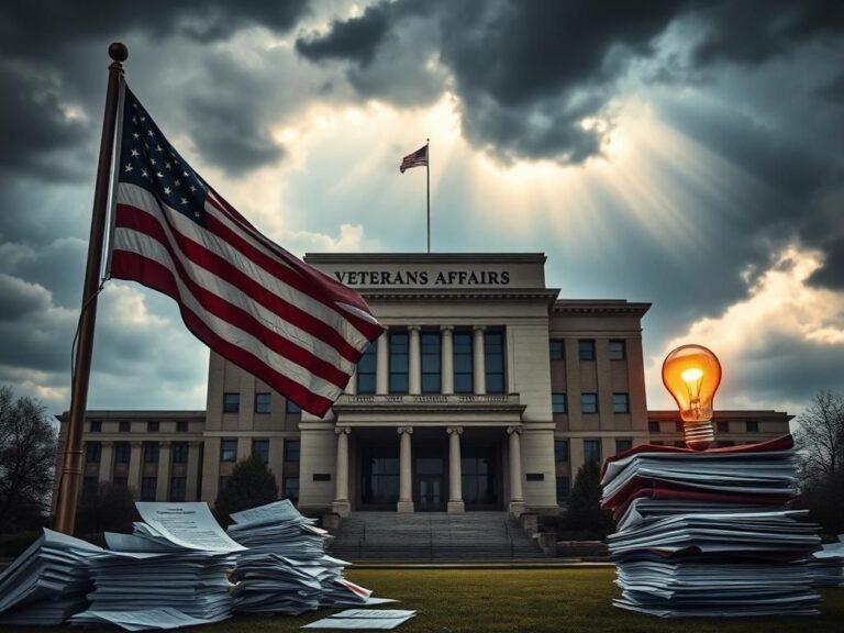 Flick International American flag waving in front of a Veterans Affairs building with stormy skies