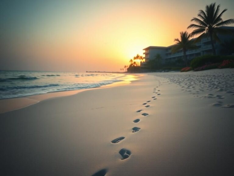 Flick International serene beach scene at dawn with distant resort and footprints leading into the water