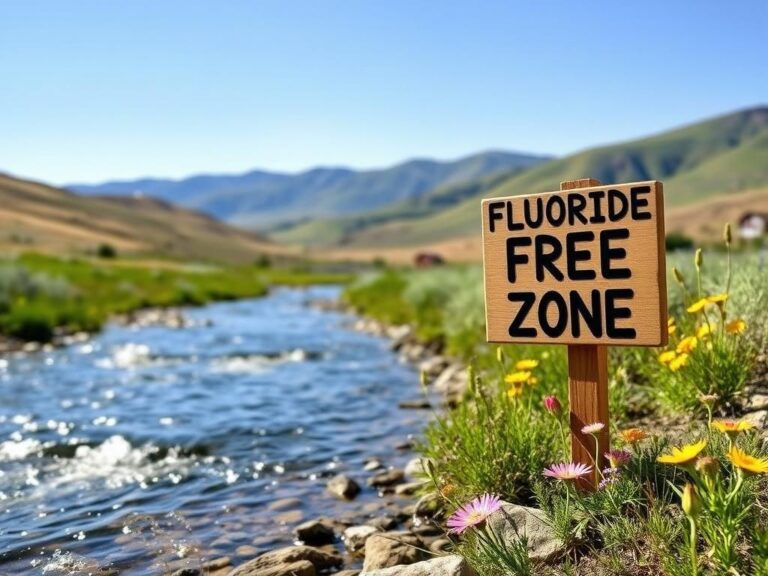 Flick International Serene Utah landscape with a stream and fluoride-free sign