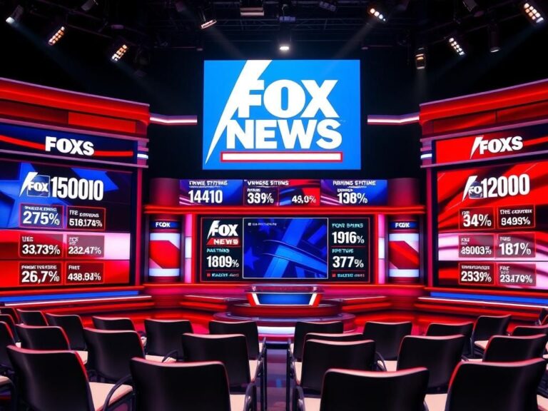 Flick International Dynamic television studio of Fox News with digital logo and rating graphs