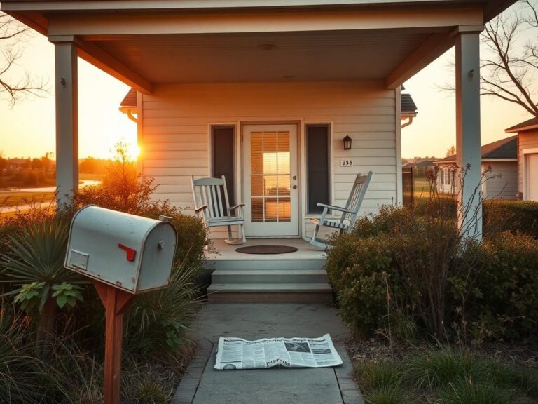 Flick International A serene and poignant scene of an empty, aging suburban home with a welcoming front porch and rocking chairs.