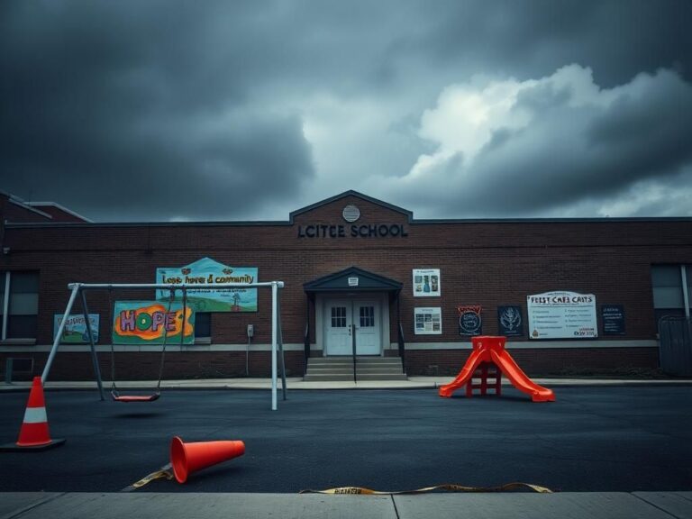 Flick International Exterior view of a Chicago school with gray skies and untouched playground equipment