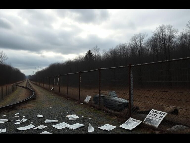 Flick International Abandoned chain-link fence on a deserted Virginia rail trail representing border security issues