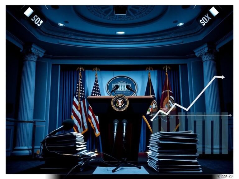 Flick International Dramatic image of a White House press briefing room with podium and U.S. flags