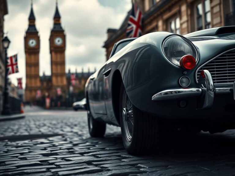 Flick International Close-up of a classic British Aston Martin DB5 with Big Ben in the background