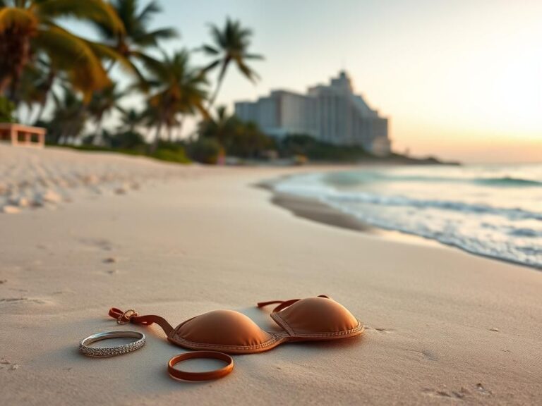 Flick International Abandoned brown bikini and beach accessories on a serene beach at dawn near the RIU Republica Resort