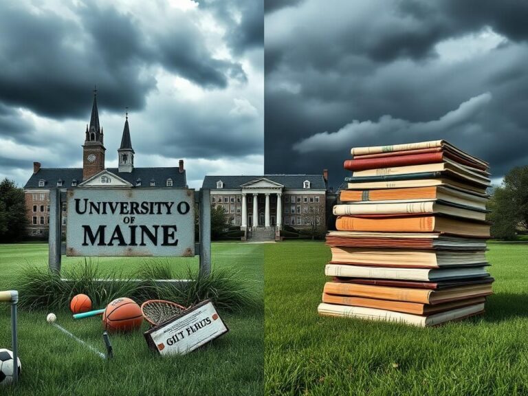 Flick International Weathered 'Welcome to the University of Maine' sign with overgrown grass and stormy clouds in the background