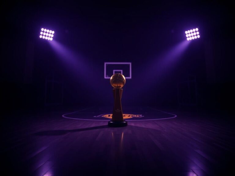 Flick International Dimly lit basketball court featuring a championship trophy illuminated at center court