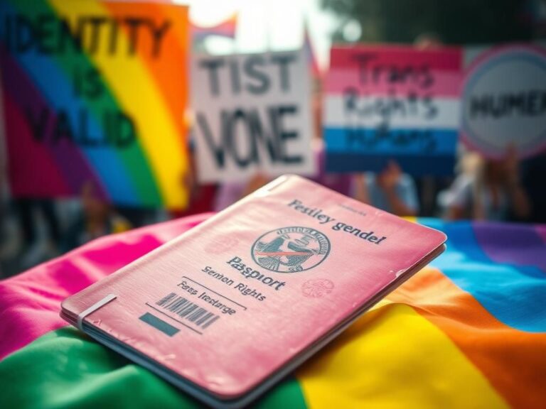 Flick International Close-up of a weathered passport on a vibrant rainbow flag symbolizing LGBTQ+ pride