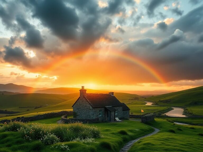 Flick International A picturesque Irish landscape at sunset with rolling green hills and a stone cottage