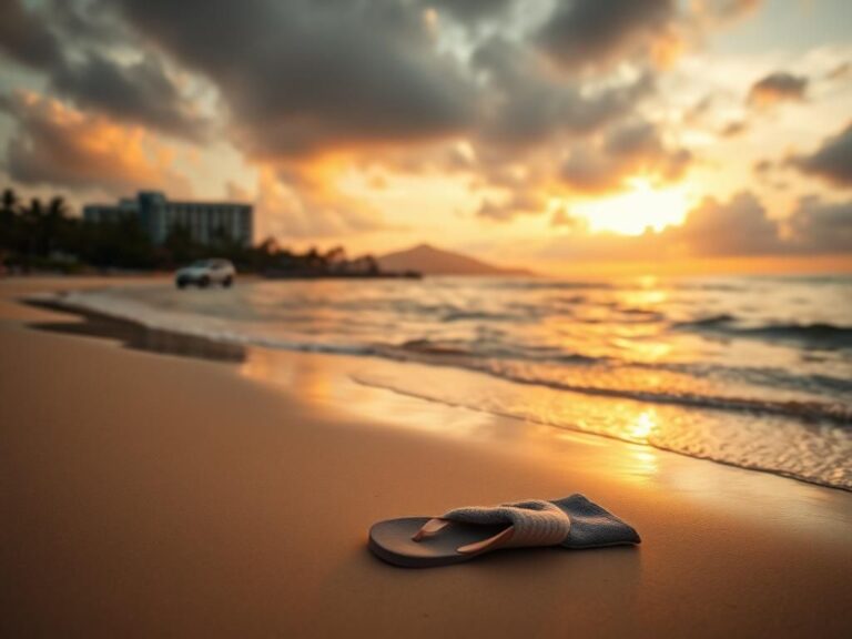 Flick International Tranquil beach scene at sunset with abandoned flip-flop and towel