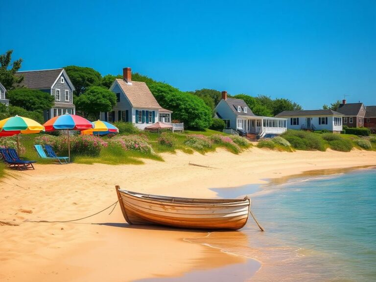 Flick International Serene beach landscape of Nantucket Island with police lights in the background