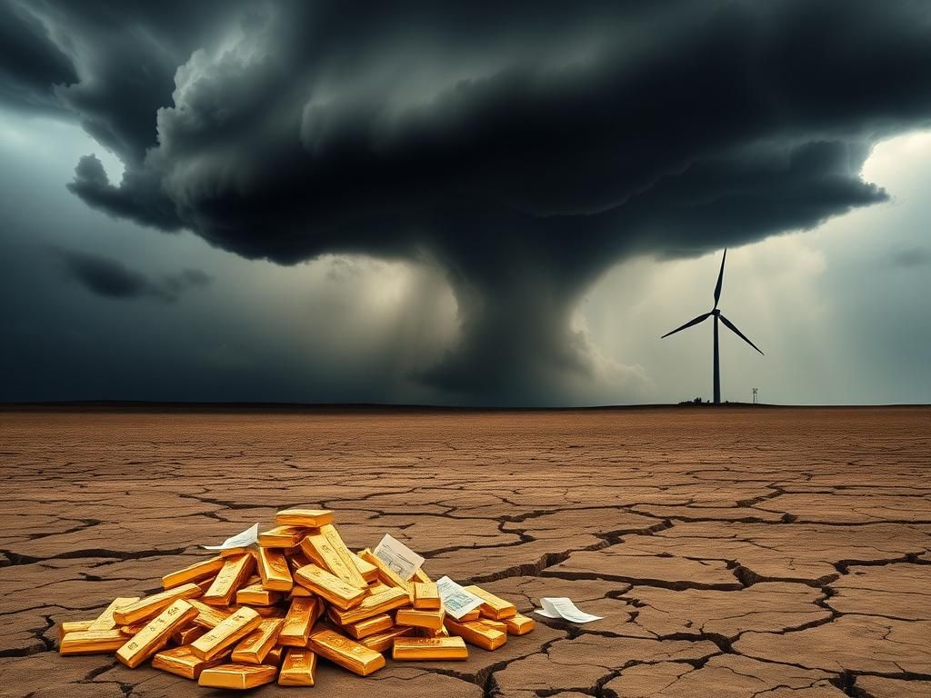 Flick International Dark storm cloud over barren landscape with gold bars representing $20 billion in terminated grants