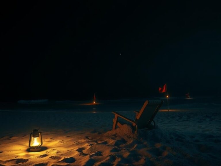 Flick International Dimly lit beach scene at night with an eerie atmosphere and abandoned chair