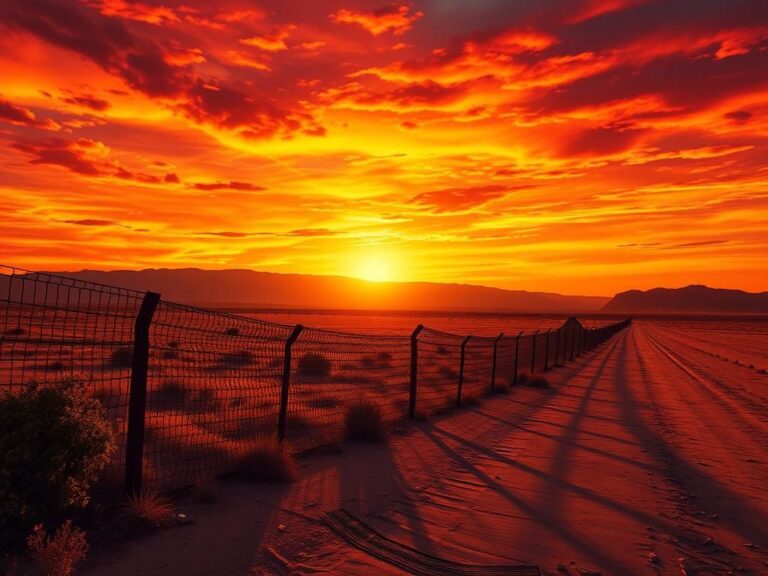 Flick International A dramatic view of the U.S. southern border showcasing a rusted fence amidst a vibrant desert sunset.