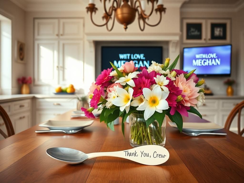 Flick International Stylish kitchen from Meghan Markle's Netflix show, 'With Love, Meghan', featuring personalized cooking utensils and fresh flowers.