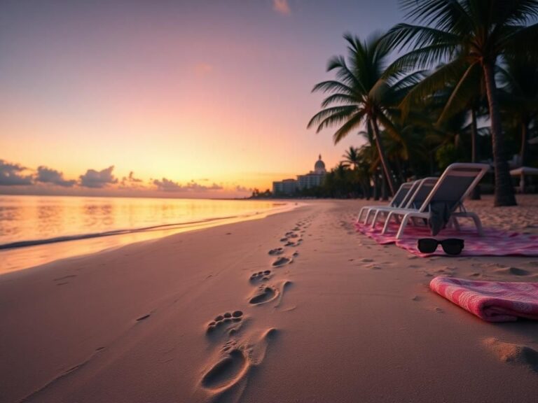 Flick International Serene beach scene at dawn with footprints leading to the shoreline in the Dominican Republic