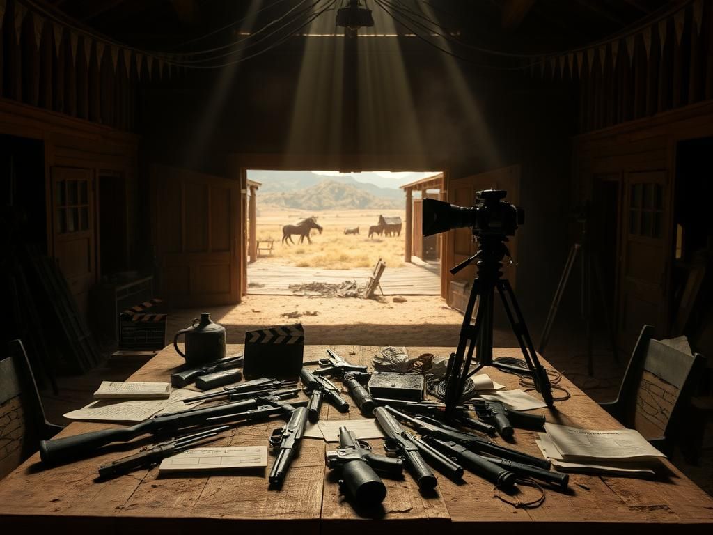 Flick International Dimly lit Western film set with prop guns and a rustic table