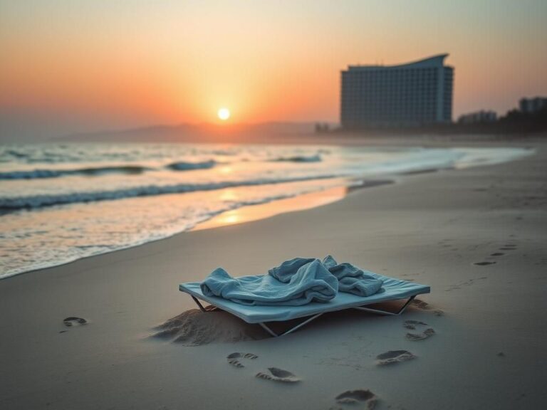 Flick International A serene beach at dawn with clothes on a beach bed, symbolizing a sudden disappearance.