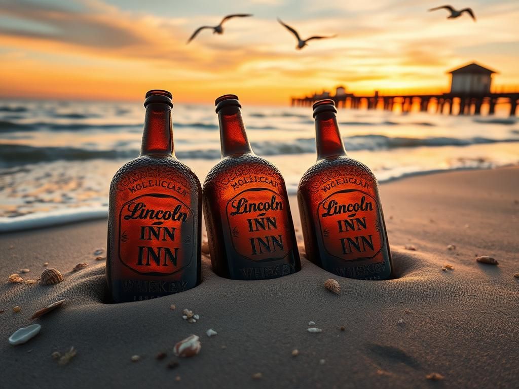 Flick International Vintage whiskey bottles found on a New Jersey beach at sunset