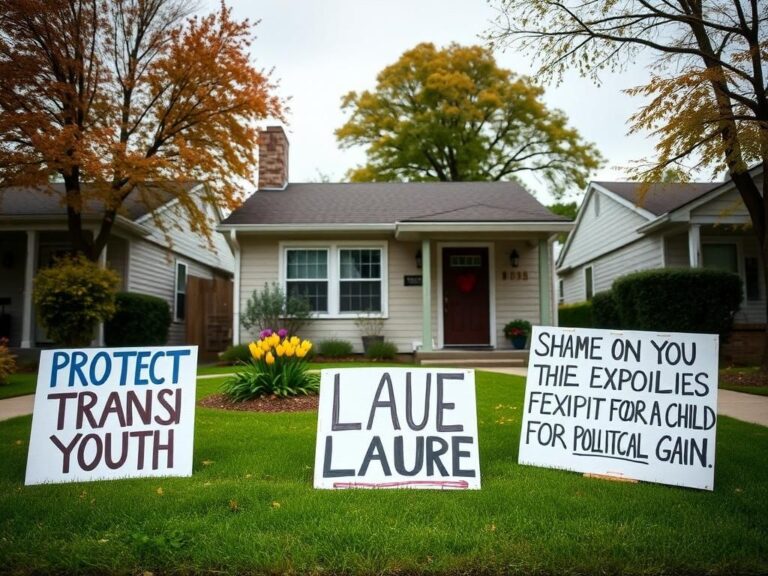 Flick International Protest signs advocating for trans youth placed in a suburban front yard