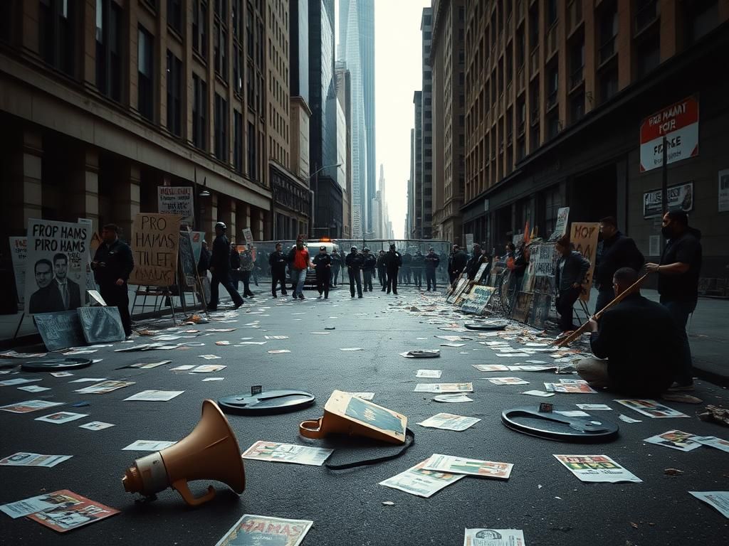 Flick International Tense urban scene in Manhattan with protest signs and riot shields after clash with police