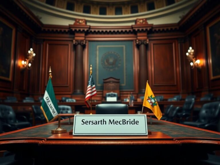 Flick International Empty congressional hearing room with a nameplate reading 'Rep. Sarah McBride'