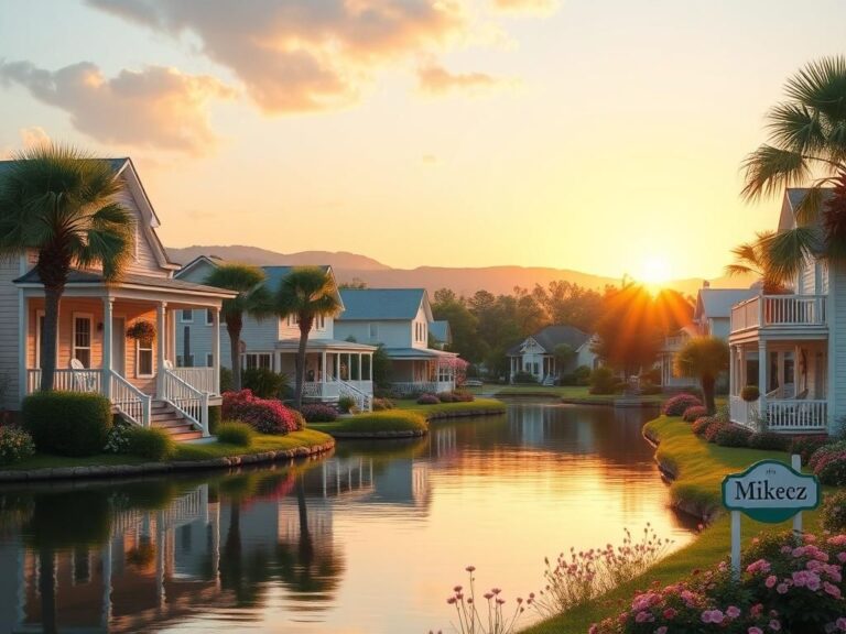 Flick International Scenic view of a quaint Florida town with historic homes and a tranquil lake at sunset