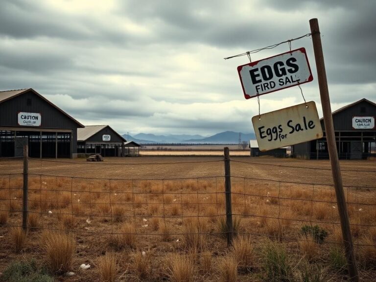 Flick International A barren farm landscape under a gloomy sky with empty poultry barns and 'Caution: Bird Flu' signs