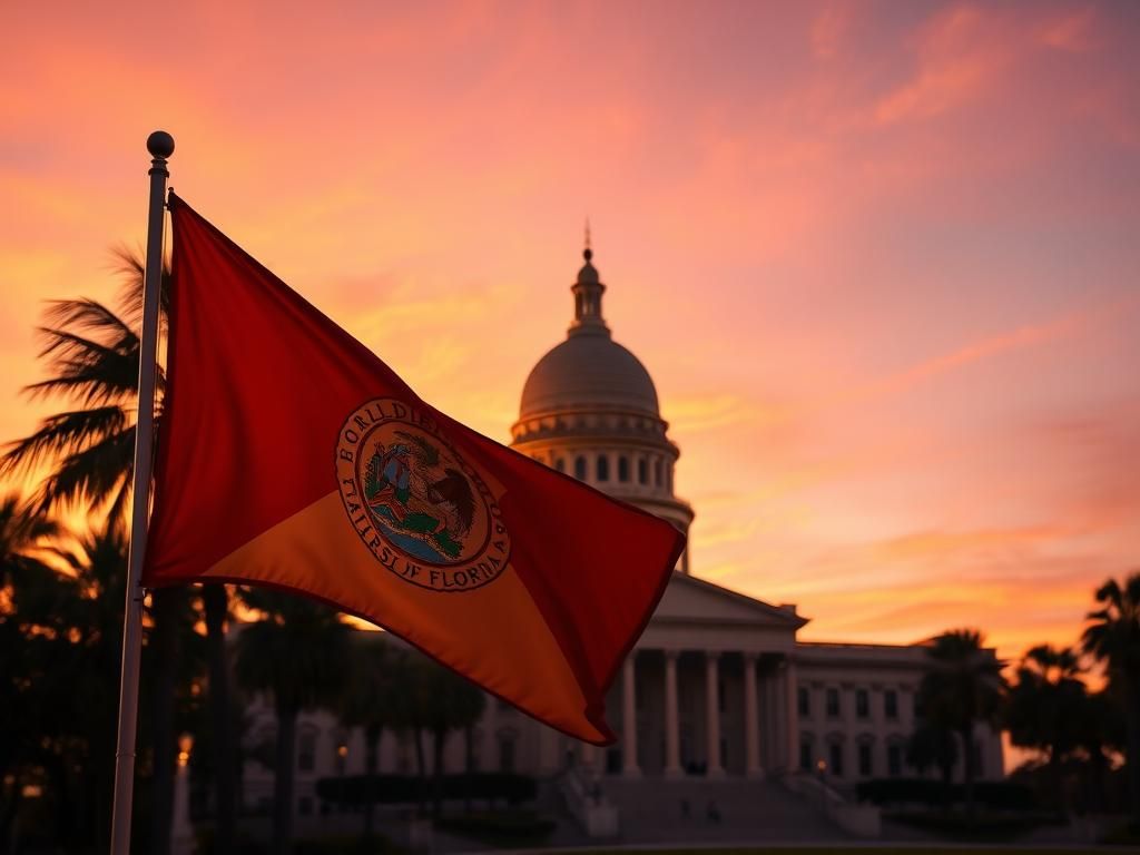 Flick International Florida state capitol building at sunset with Florida flag in foreground