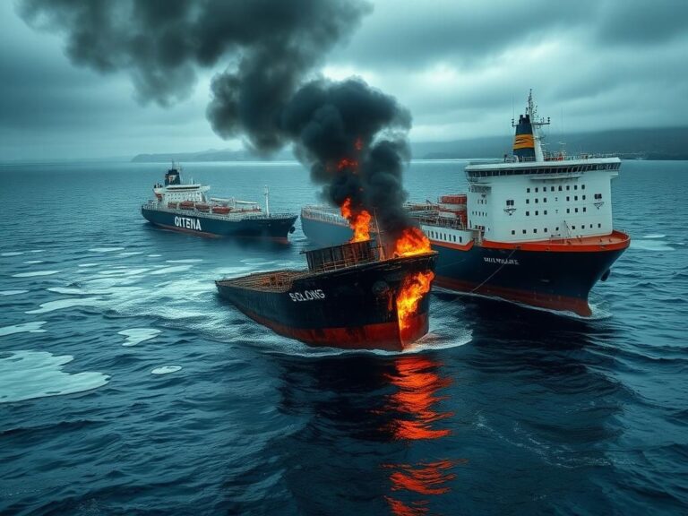 Flick International Charred hull of the cargo ship 'Solong' partially submerged after collision with tanker