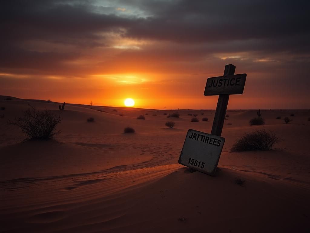 Flick International A desolate desert landscape at sunset with a weathered signpost and grave outlines