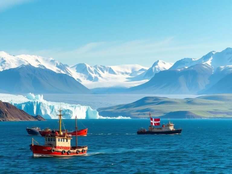 Flick International A panoramic view of Greenland's coastline with glaciers and boats symbolizing history and progress