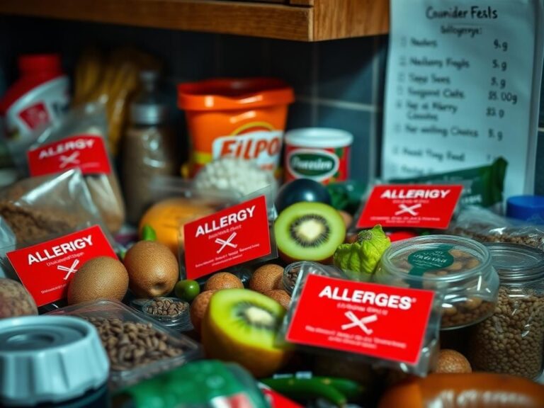 Flick International Close-up of a cluttered kitchen countertop with allergenic foods marked with red allergy warning stickers