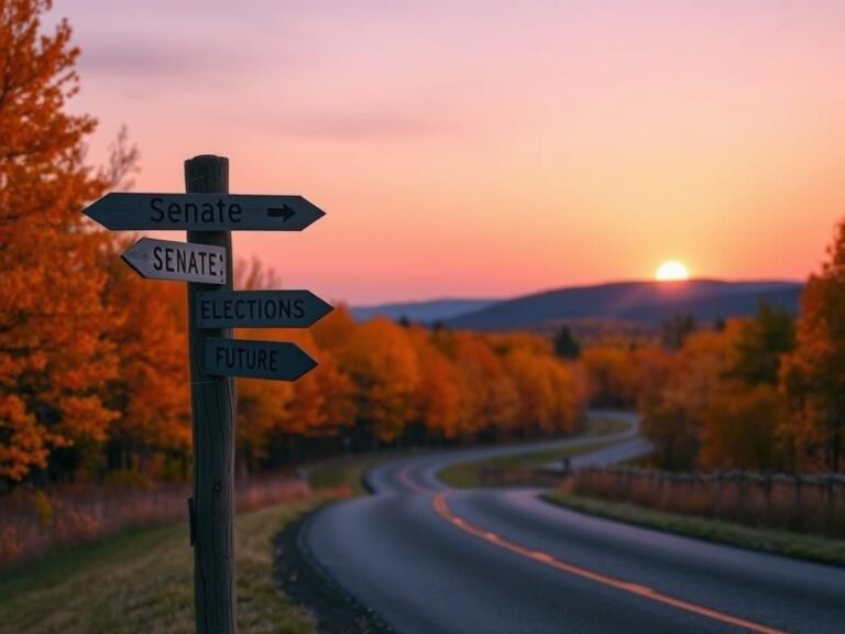 Flick International Serene autumn landscape of New Hampshire with colorful foliage and a signpost indicating directions related to elections and the future