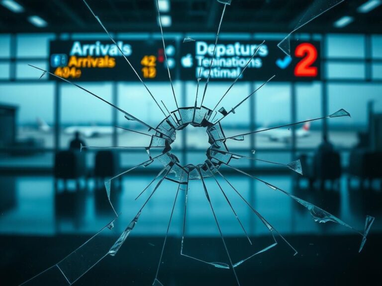 Flick International Close-up view of a shattered glass window with a bullet hole at Chicago O'Hare International Airport