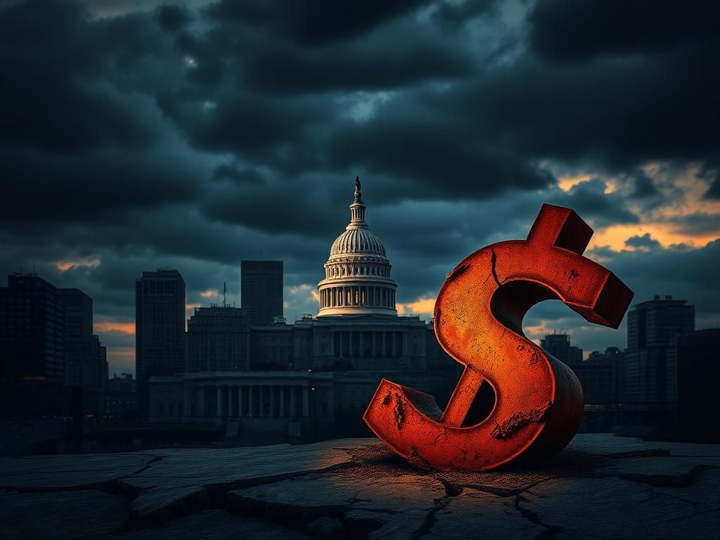 Flick International Dramatic cityscape at dusk with a silhouetted government building and a rusted dollar sign symbolizing wealth and political influence