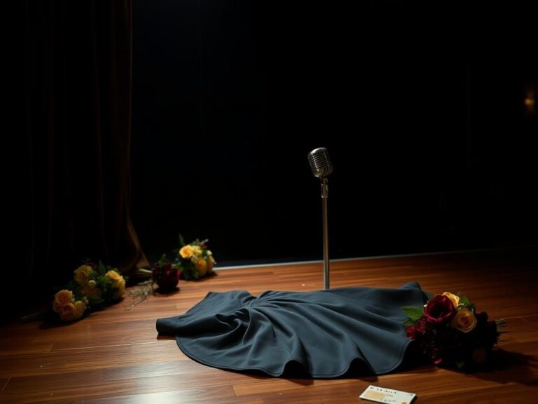 Flick International Elegant black dress lying on stage floor hinting at wardrobe malfunction