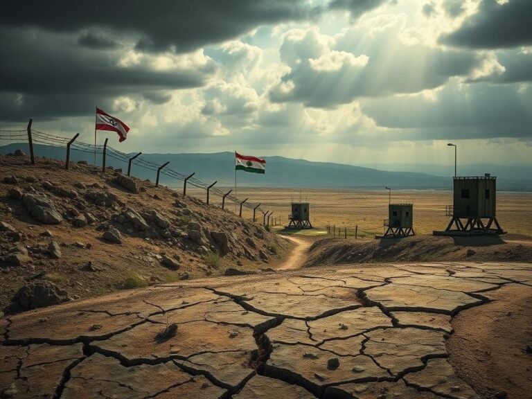 Flick International A detailed view of the rocky Israel-Lebanon border landscape with flags and barbed wire