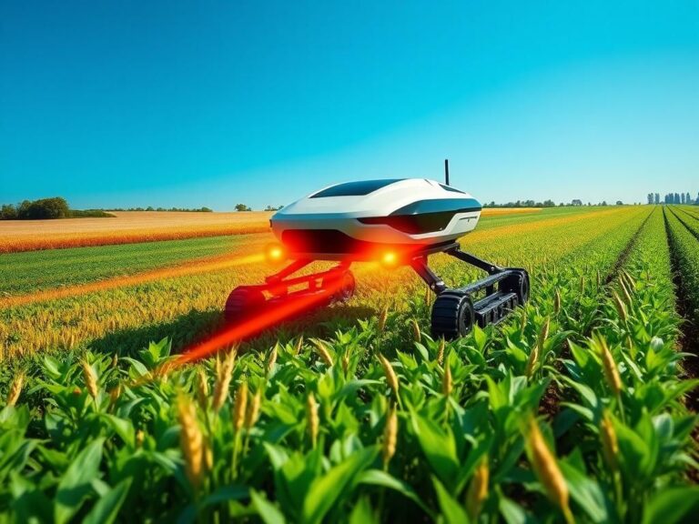 Flick International A high-tech laser-wielding robot, the LaserWeeder G2, gliding over green crops in an innovative farm landscape.