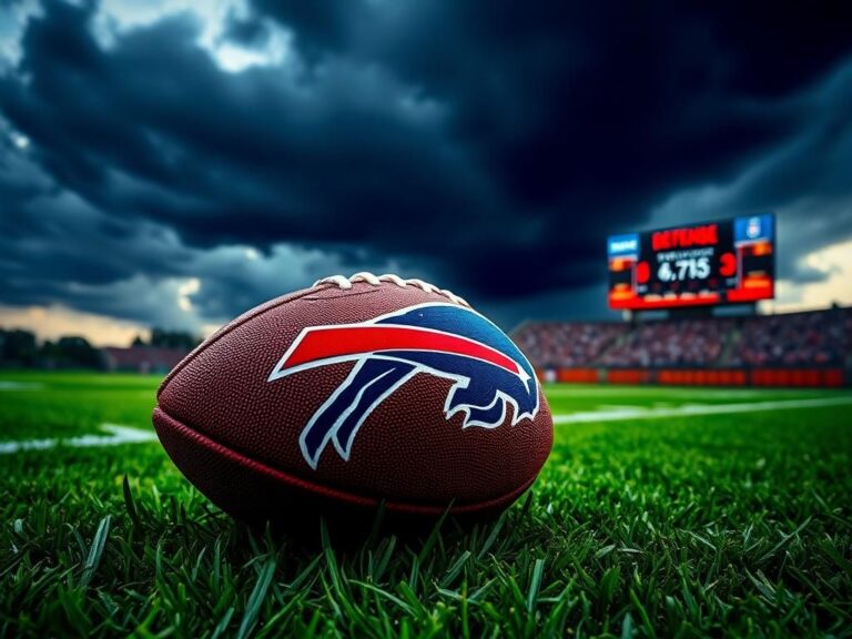 Flick International A textured football with Buffalo Bills logo on a green turf field under dark storm clouds