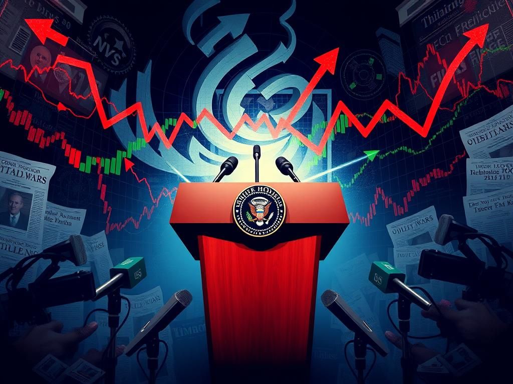 Flick International Abstract representation of a news conference showing a podium with the White House seal and chaotic stock market graphs in the background