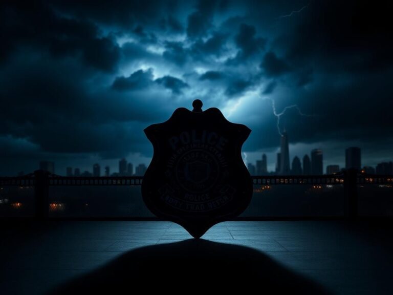 Flick International Shadowy silhouette of a police badge against a dimly lit city skyline