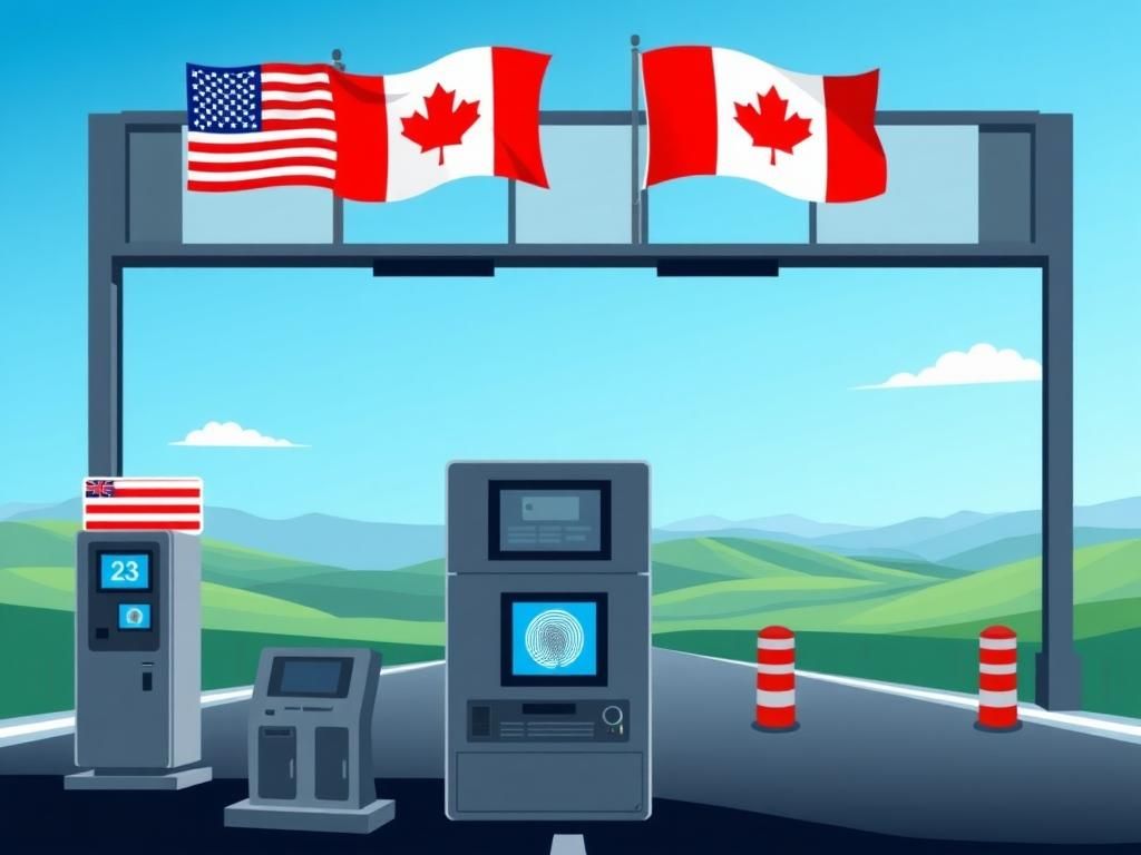 Flick International Stylized border crossing image depicting Canada and US flags alongside biometric equipment